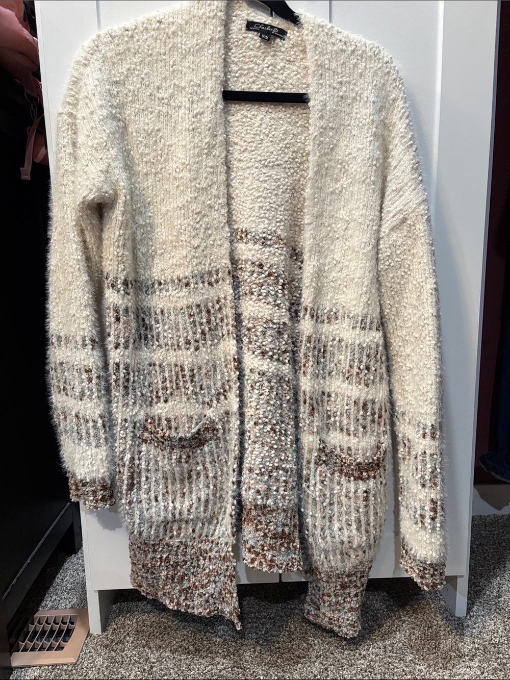 Charlies Cream Bouclé Open Cardigan with Brown Stripes